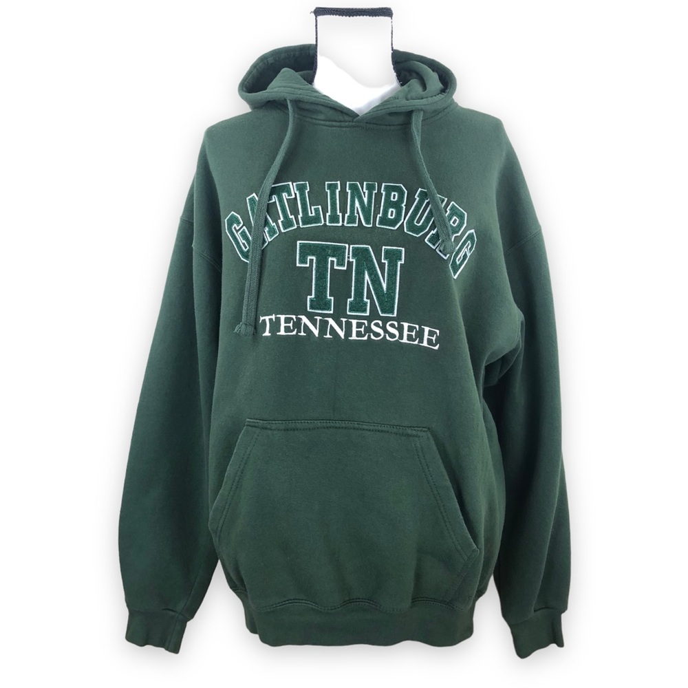 Green Pullover Sweater Hoodie Embroidered Large Kangaroo Pocket Cotton Blend